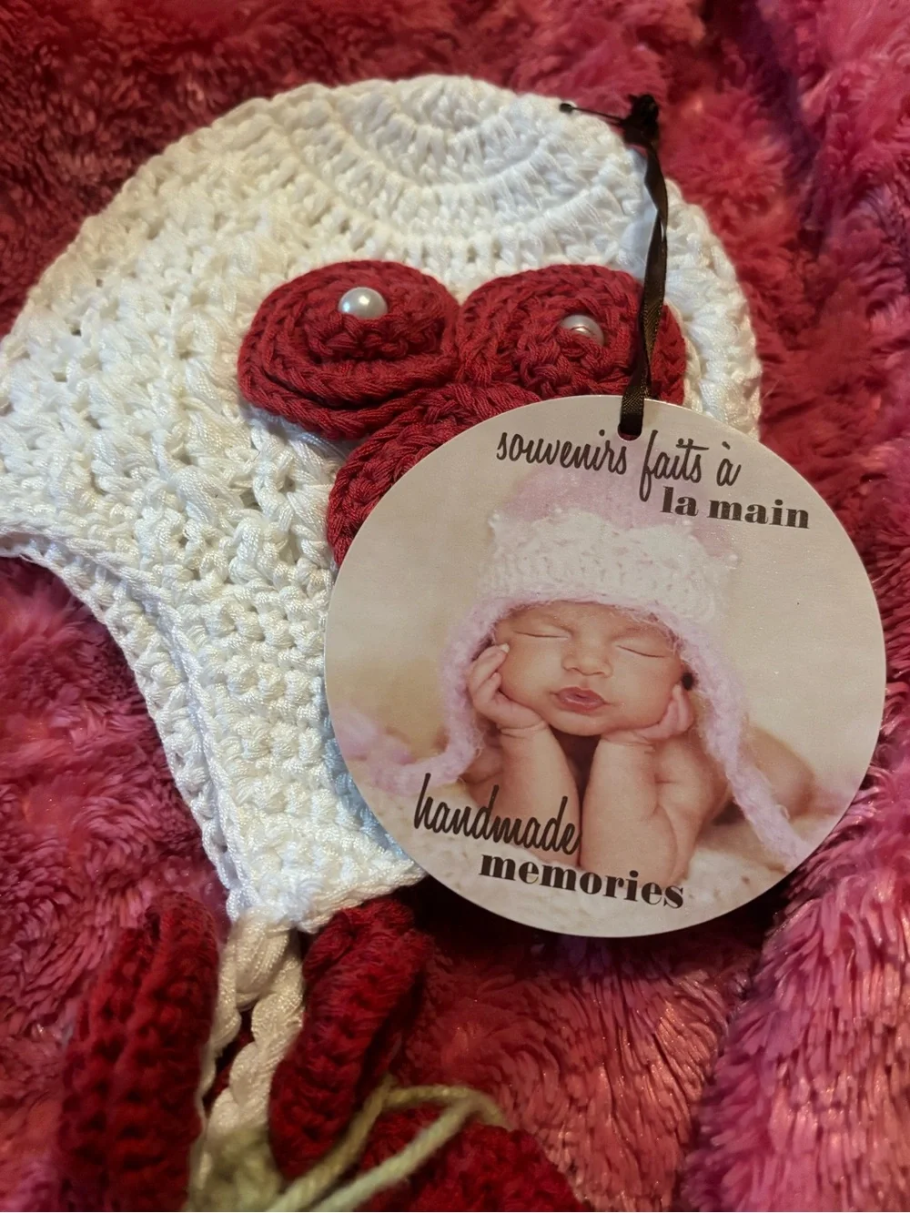 Crochet Baby Hat with Red Flower Accents - Kids Accessories